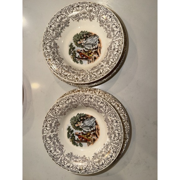 Unmarked Other - Vintage Ceramic Fruit Bowl and Saucer Set Gold Filigree Courting Couple 4pc